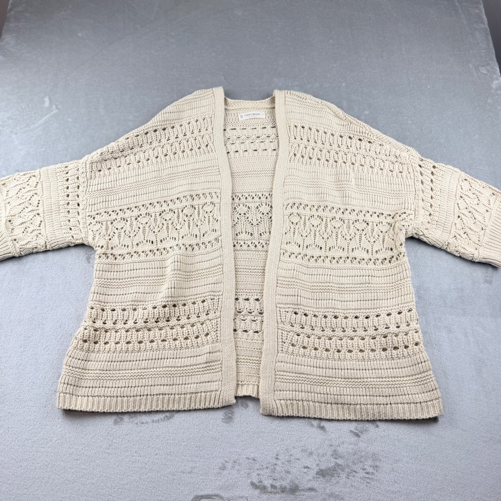 Lucky Brand Los Angeles Women's Small Beige Open Crochet Knit Cardigan Sweater